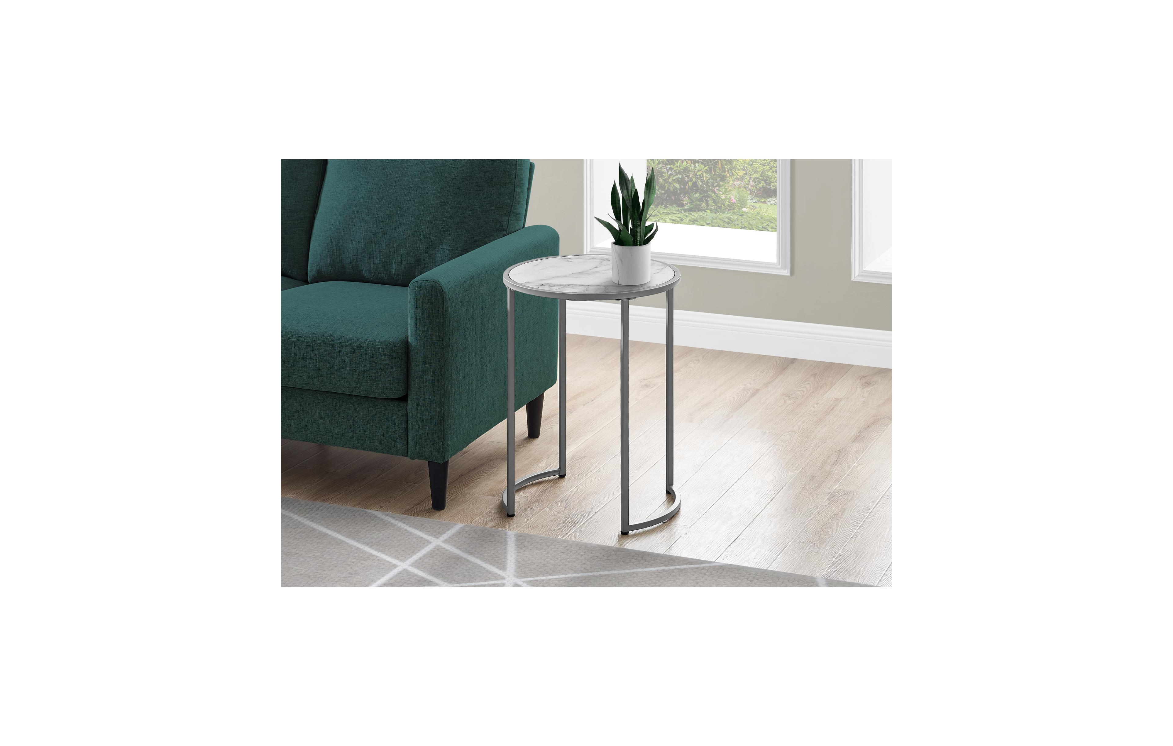 Lovmor Accent Table, Side, Round, End, Nightstand, Lamp, Living Room, Bedroom, White Marble Look Laminate, Grey Metal, Contemporary, Modern