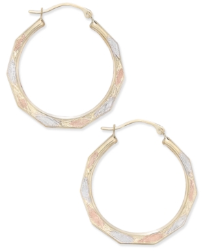 image of Tri-Color Decorative Hoop Earrings in 10k White, Yellow, and Rose Gold
