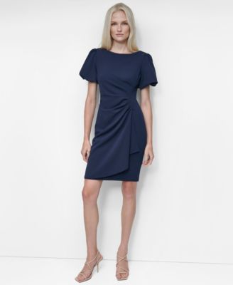 Women's Bubble Sleeve Scuba Crepe Ruched Sheath Dress