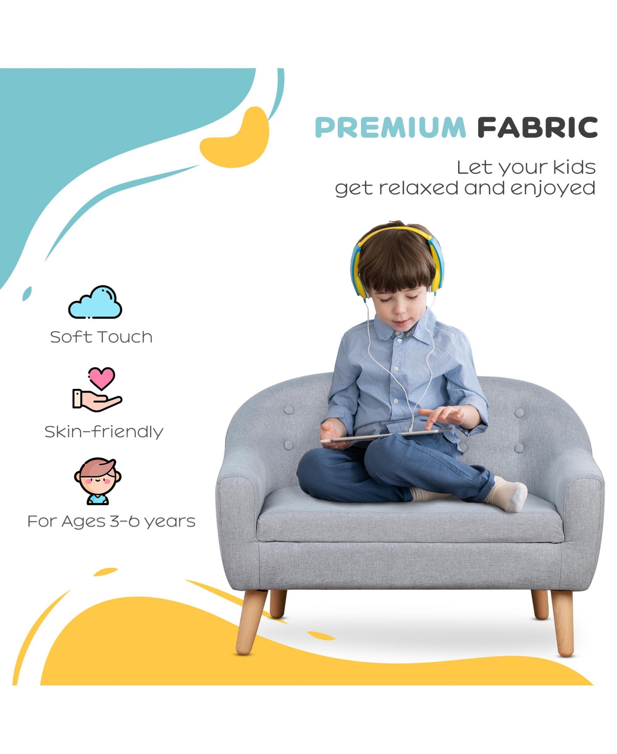 Qaba Cozy Children Sofa Couch Sturdy Wood 2 Seat Armrest Chair Kids Grey