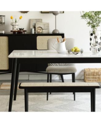 Modern Oak Wood Dining with Rattan Detail Bench
