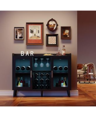 Freestanding Wine Bar Cabinet with Wine Rack and LED Light, Kitchen Sideboard and Buffet Cabinet Coffee Bar with Glass Holder, with Glass Door