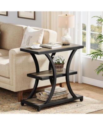 End Table with Storage, 3-Tier Side Table with Geometric Metal Design, Industrial Nightstand