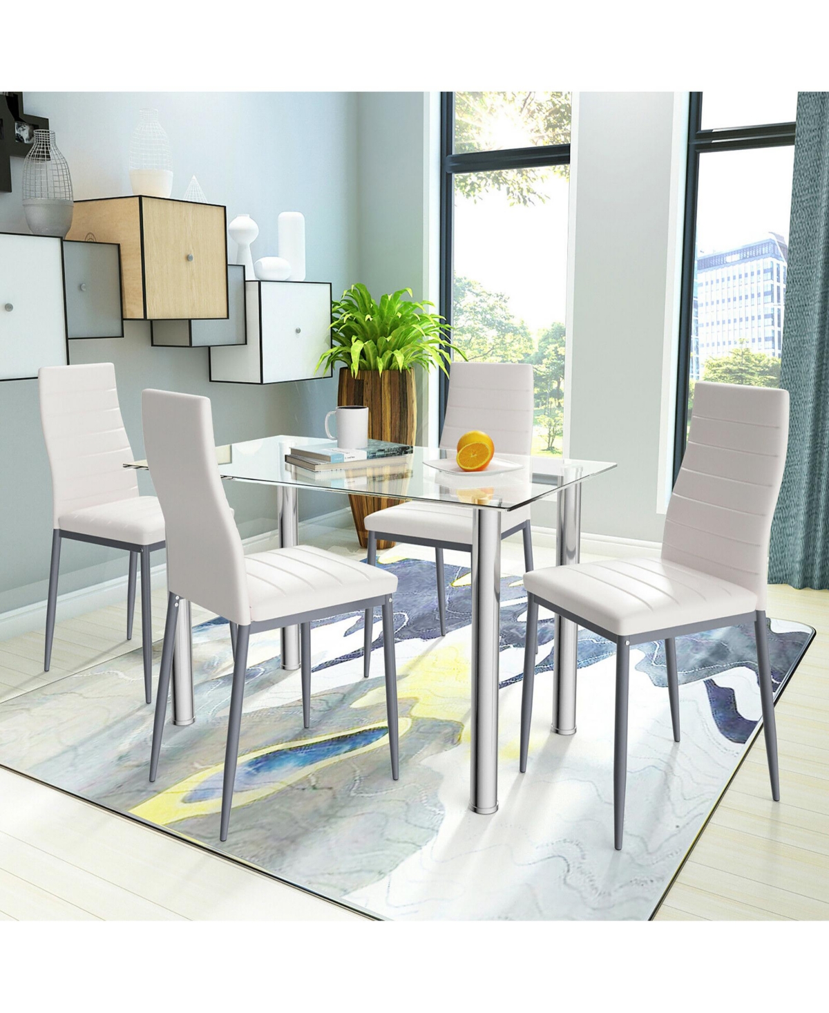 Costway 5 Piece Dining Set Table 29.6'' and 4 Chairs Glass Metal Kitchen Breakfast Furniture