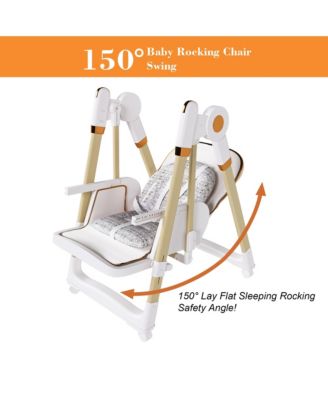 Plastic 2-in-1 Baby High Chair Rocker with 5-Point Harness, Foldable Infant Feeding Chair with Silent Locking Wheels and Removable 2-Tier Tray