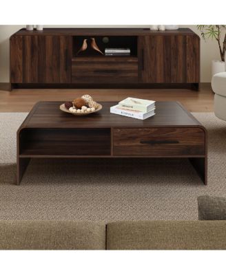 Walnut Finish 2-Drawer Coffee Table, Engineered Wood Open Storage Center Table with Rounded Corners for Living Room
