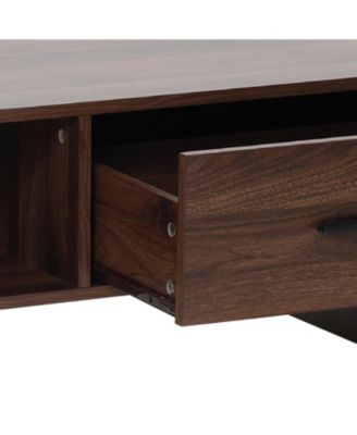 Walnut Finish 2-Drawer Coffee Table, Engineered Wood Open Storage Center Table with Rounded Corners for Living Room