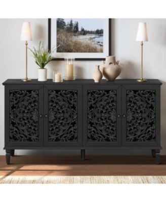 60" Antique Black Buffet Cabinet - Floral Carvings, Solid Wood Legs
