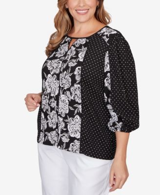 Plus Size Floral Panel Crinkle Knit Peasant Top