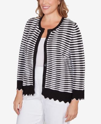 Plus Size Scallop Trim Striped Button Cardigan Sweater