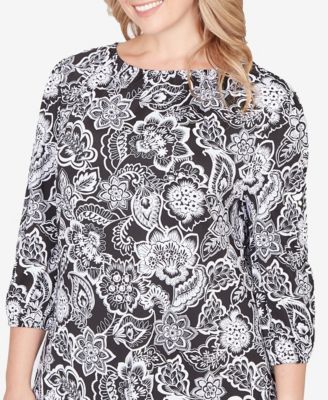 Plus Size 3/4 sleeves Dotted Floral Puff Print Knit Top