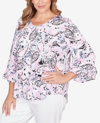 Plus Size V-Neck Paisley Ruffle Sleeve Knit Top