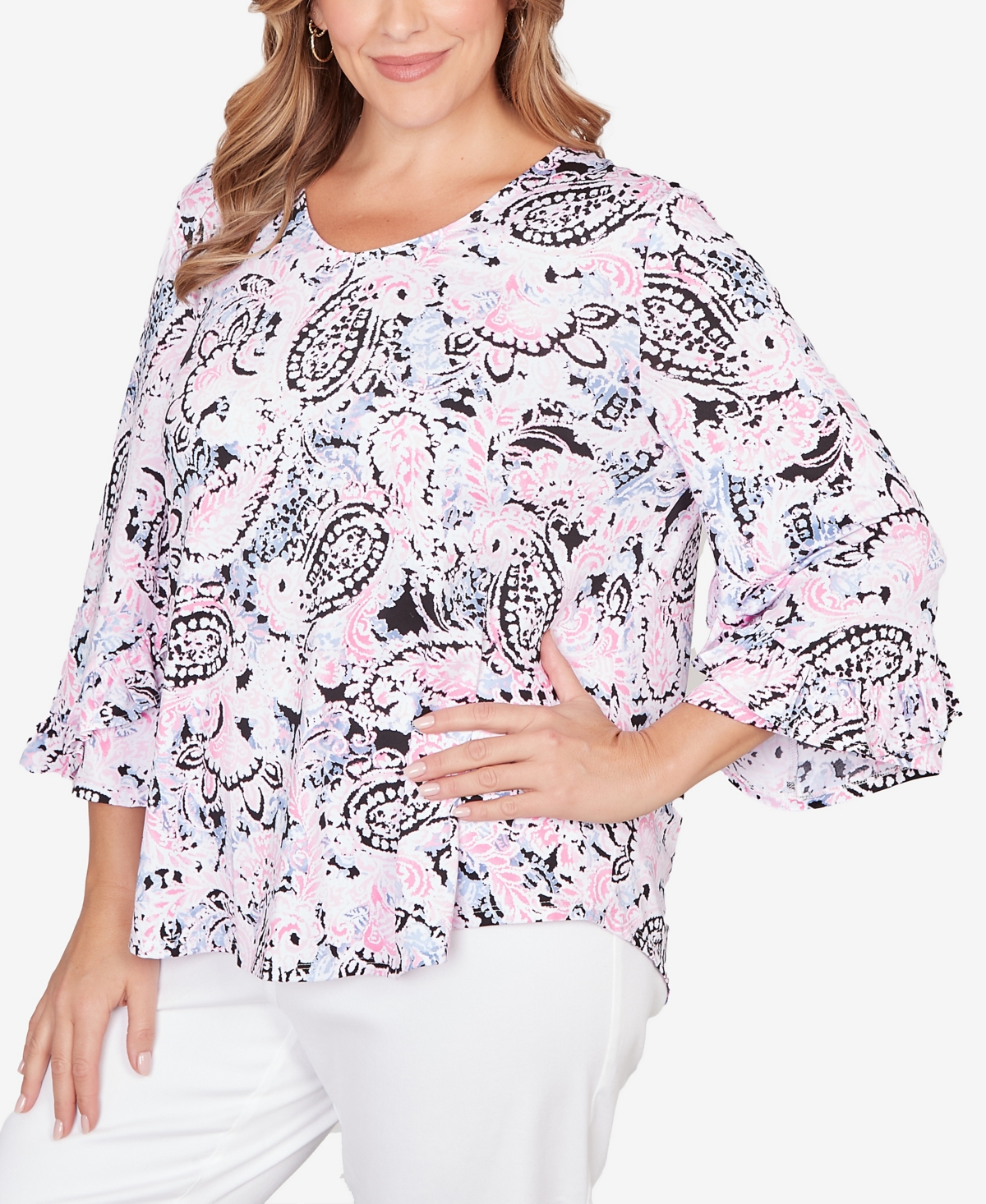 Ruby Rd. Plus V-Neck Paisley Ruffle Sleeve Knit Top