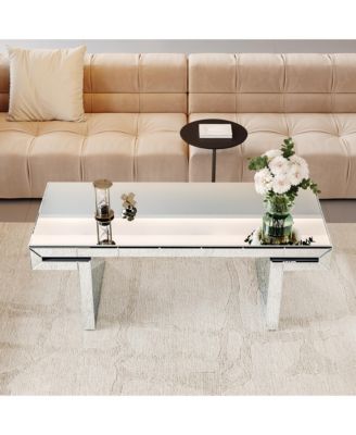 47 Inches Luxury Rectangular Mirror Coffee Table with Fluted Tempered Glass, Modern Sofa Side Table, Easy 2-Step Assembly