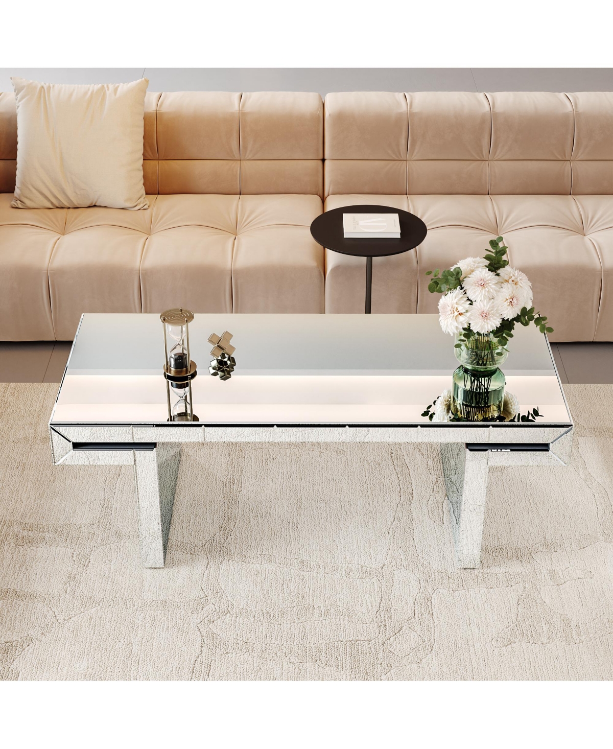 Lovmor 47 Inches Luxury Rectangular Mirror Coffee Table with Fluted Tempered Glass, Modern Sofa Side Table, Easy 2-Step Assembly