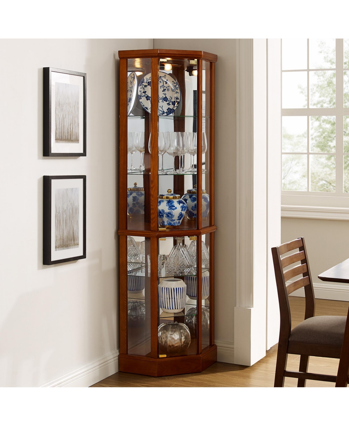 Lovmor Corner Curio Cabinet with Mirrored Panel Tempered Glass Shelves and Transitional Style