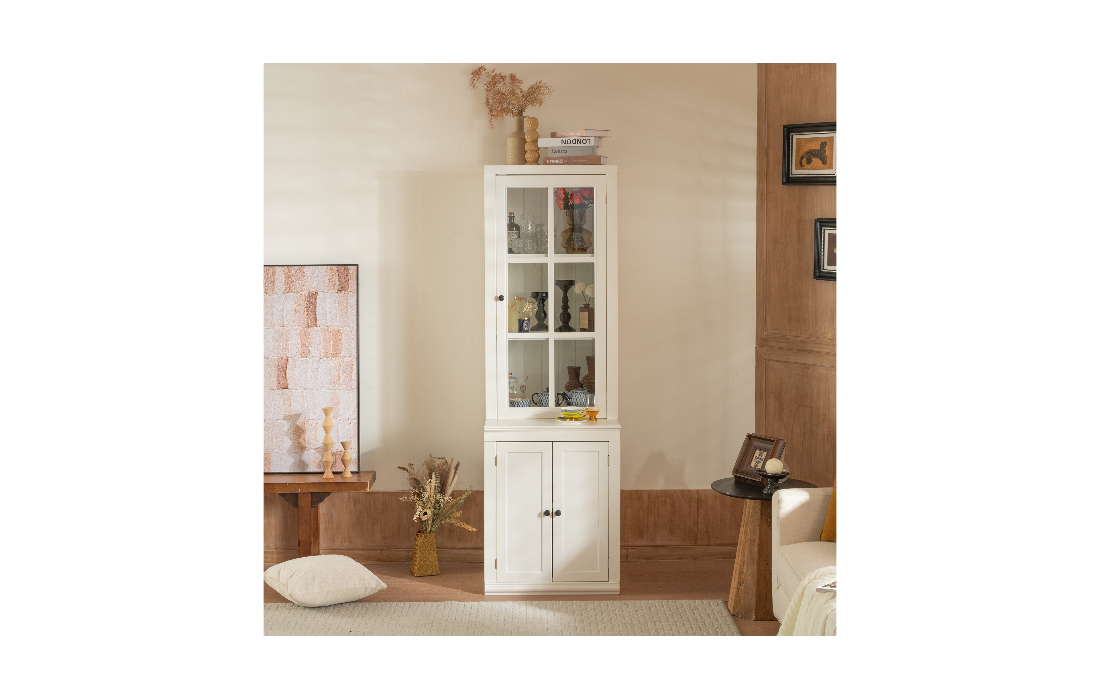 Lovmor Double Action Door Hutch Cabinet with Tempered Glass Retro Modern Design and Ample Storage
