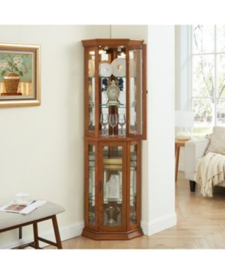 Lighted Corner Curio Cabinet - Glass Display Shelf - OAK