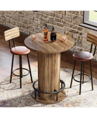 Round Bar Table, 39.4" H Wood Bistro Pub Table with Metal Ring Footrest (Only Table)