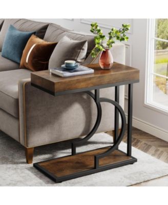 Narrow Side Table, Brown Black C Shaped End Table, Small Sofa Tables with Metal Frame for Living Room