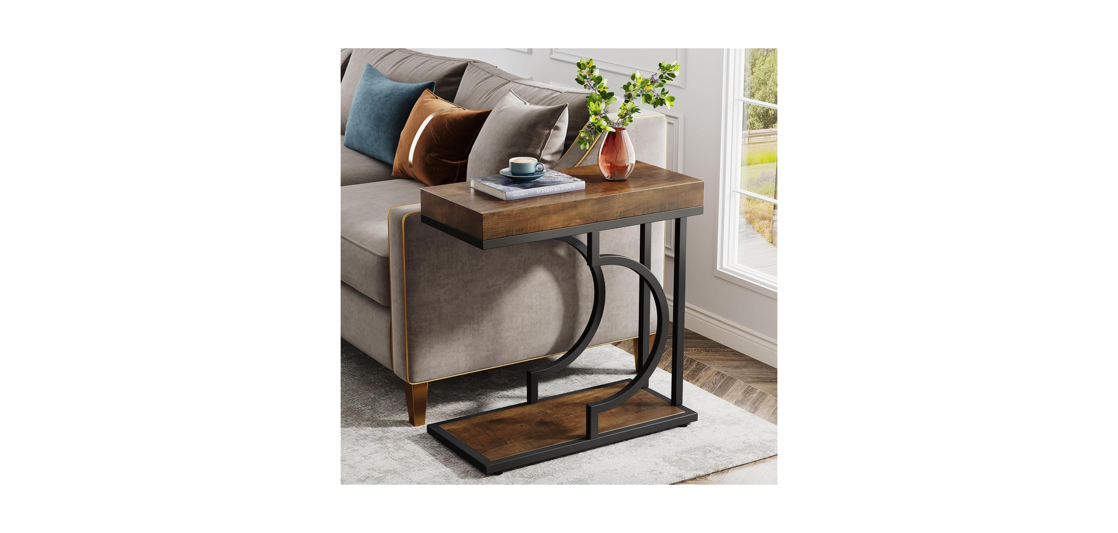 Tribesigns Narrow Side Table, Brown Black C Shaped End Table, Small Sofa Tables with Metal Frame for Living Room