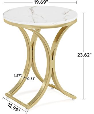 2PCS Round Side Table Faux Marble Top Gold Metal Legs