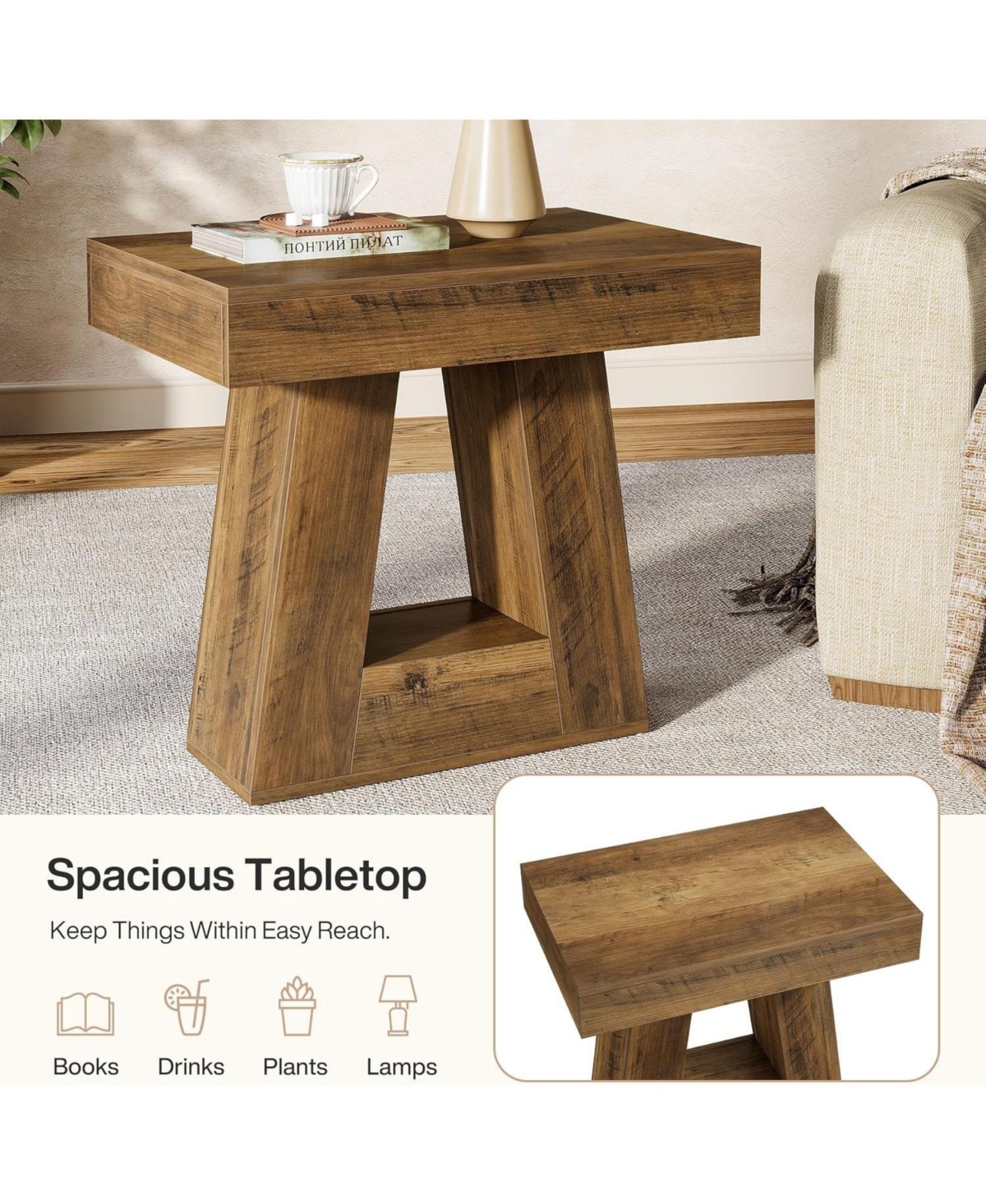 Tribesigns 24" Modern Side Table, 2-Tier Narrow Wooden End Table with Trapezoid Base (1, Brown)