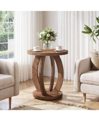 End Table, Round Side Table with Storage, Farmhouse Nightstand Bedside with Round Tabletop