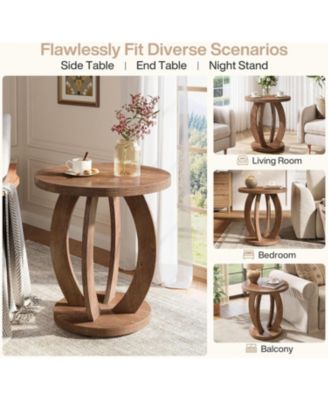 End Table, Round Side Table with Storage, Farmhouse Nightstand Bedside with Round Tabletop