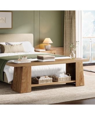 Modern Bedroom Bench with Storage Shelf, Solid Wood Entryway Bench