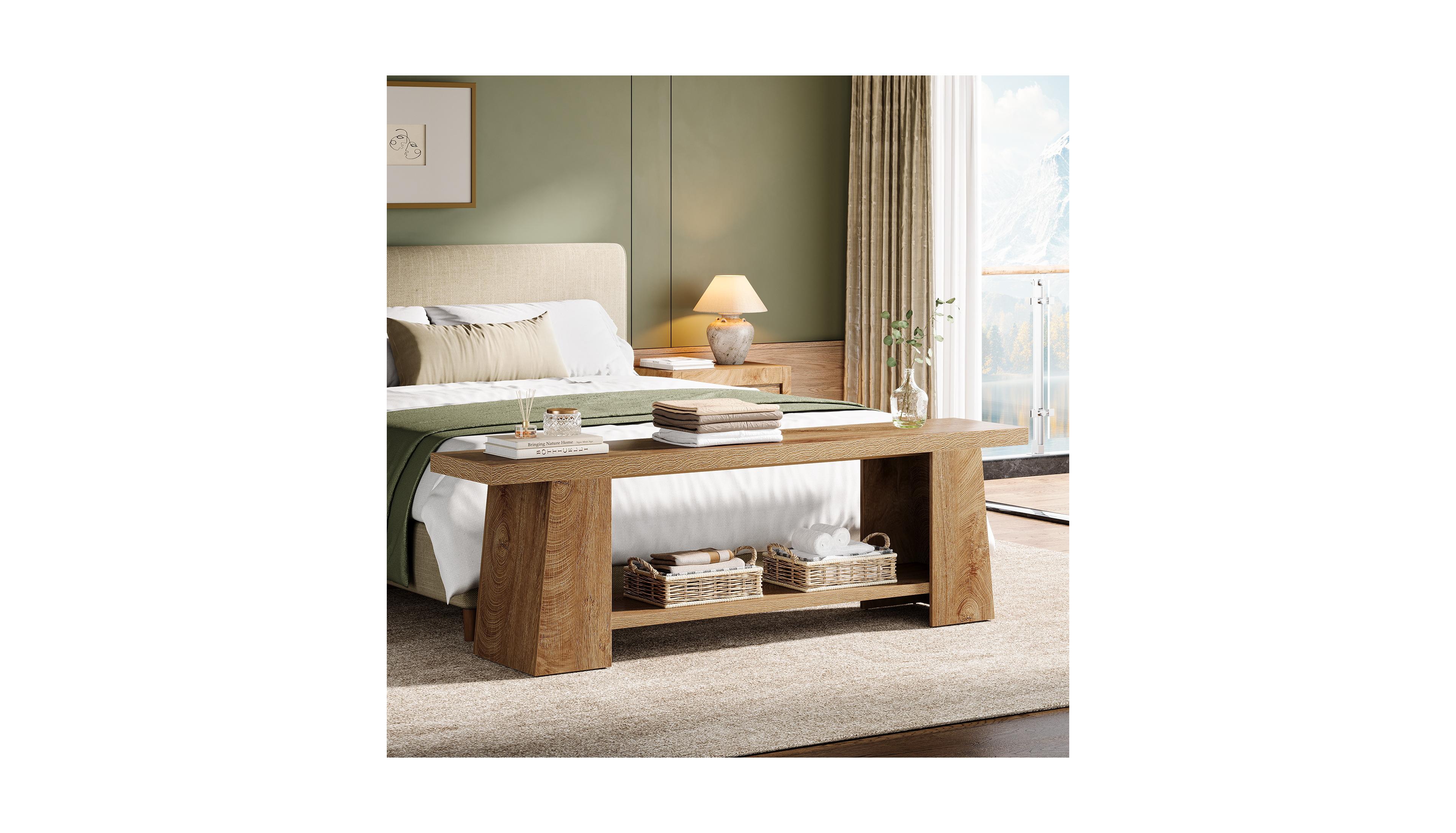 Tribesigns Modern Bedroom Bench with Storage Shelf, Solid Wood Entryway Bench