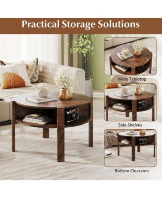 29.5'' 2-Tier Round Coffee Table w/ Storage 4 Shelves Faux Wooden Top