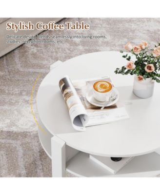 29.5'' 2-Tier Round Coffee Table w/ Storage 4 Shelves Faux Wooden Top