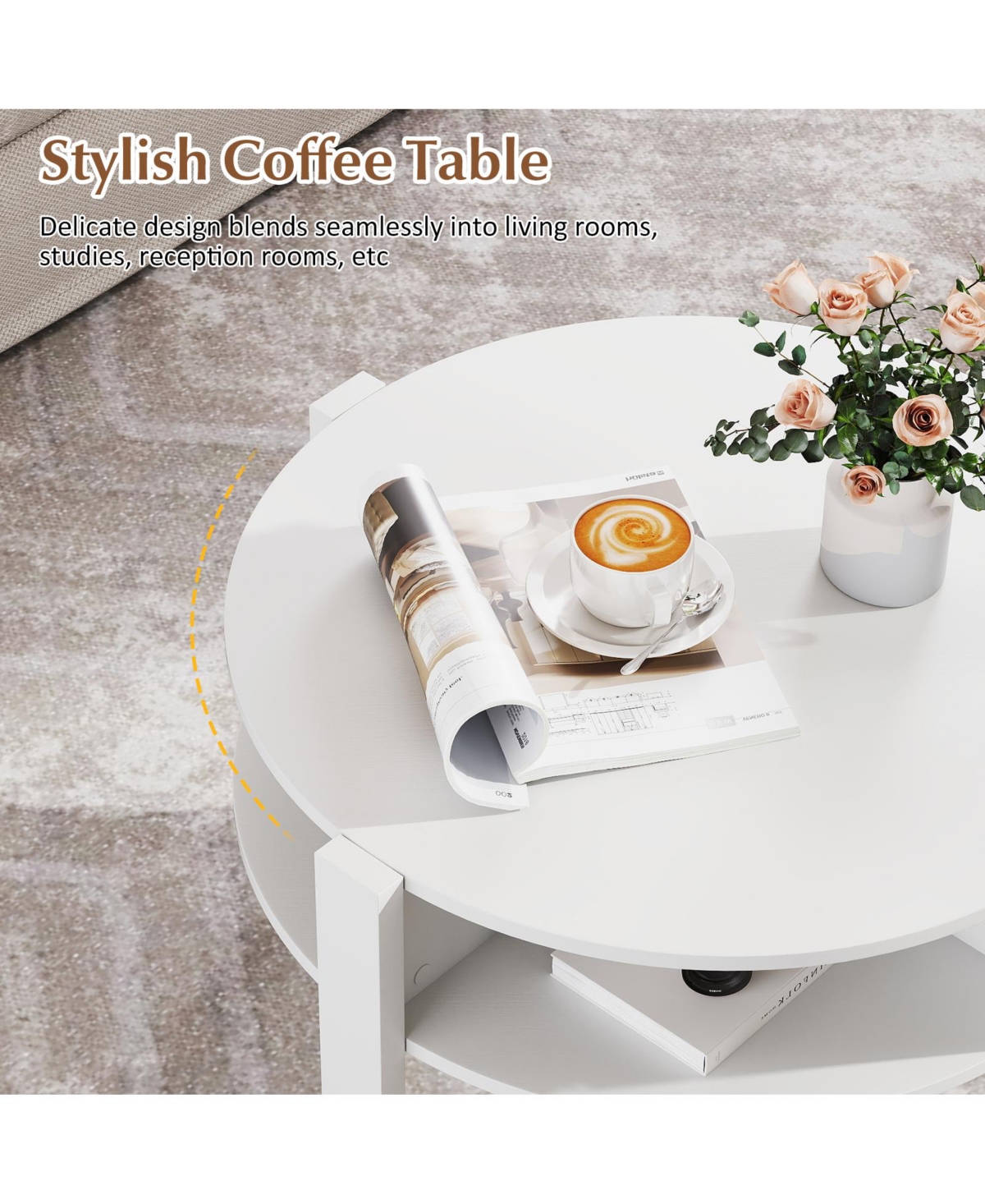 Gymax 29.5'' 2-Tier Round Coffee Table w/ Storage 4 Shelves Faux Wooden Top