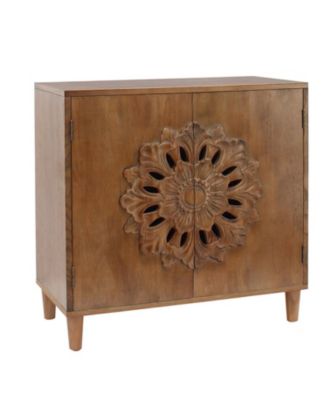 Hand Carved Floral Accent Cabinet Rustic Boho Storage Two Door Hallway Sideboard