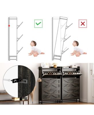 Ultra Slim Shoe Cabinet 2 Drawer Entryway Storage Rack Narrow Rustic Brown