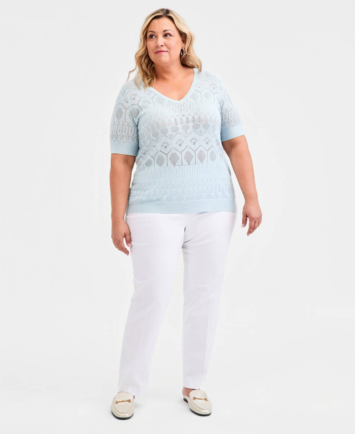 Jm Collection Plus Metallic Pointelle Knit Elbow-Sleeve Sweater, Macy's Exclusive