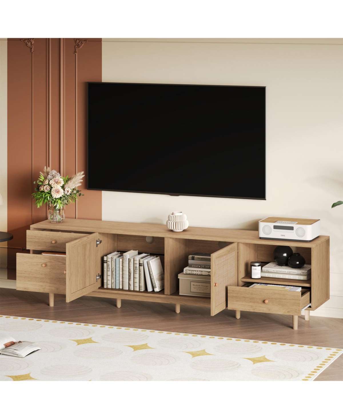 Streamdale Furniture Streamdale Boho Tv Stand for 65-85 Inch TVs, Entertainment Center with Storage & Drawers