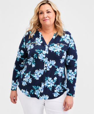 Plus Size Printed Split-Neck Long-Sleeve Top
