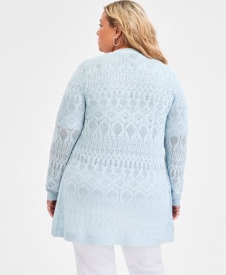 Plus Size Metallic Pointelle Knit Open-Front Cardigan