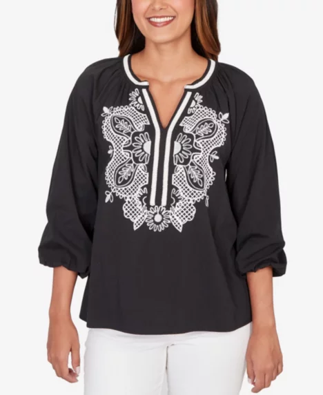 Petite Embroidered Soft Poplin Peasant Top - Black