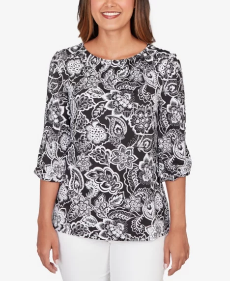 Petite Dotted Floral Puff Print Knit Top - Black/White