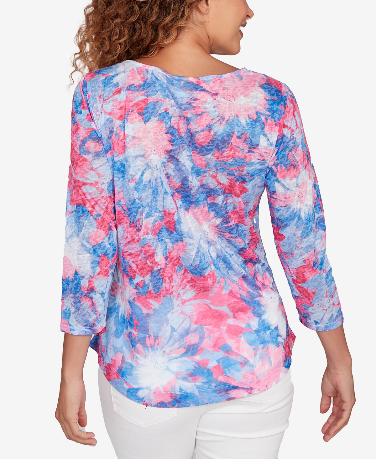 Ruby Rd. Petite Embellished Floral Sublimation 3/4 Sleeve Top