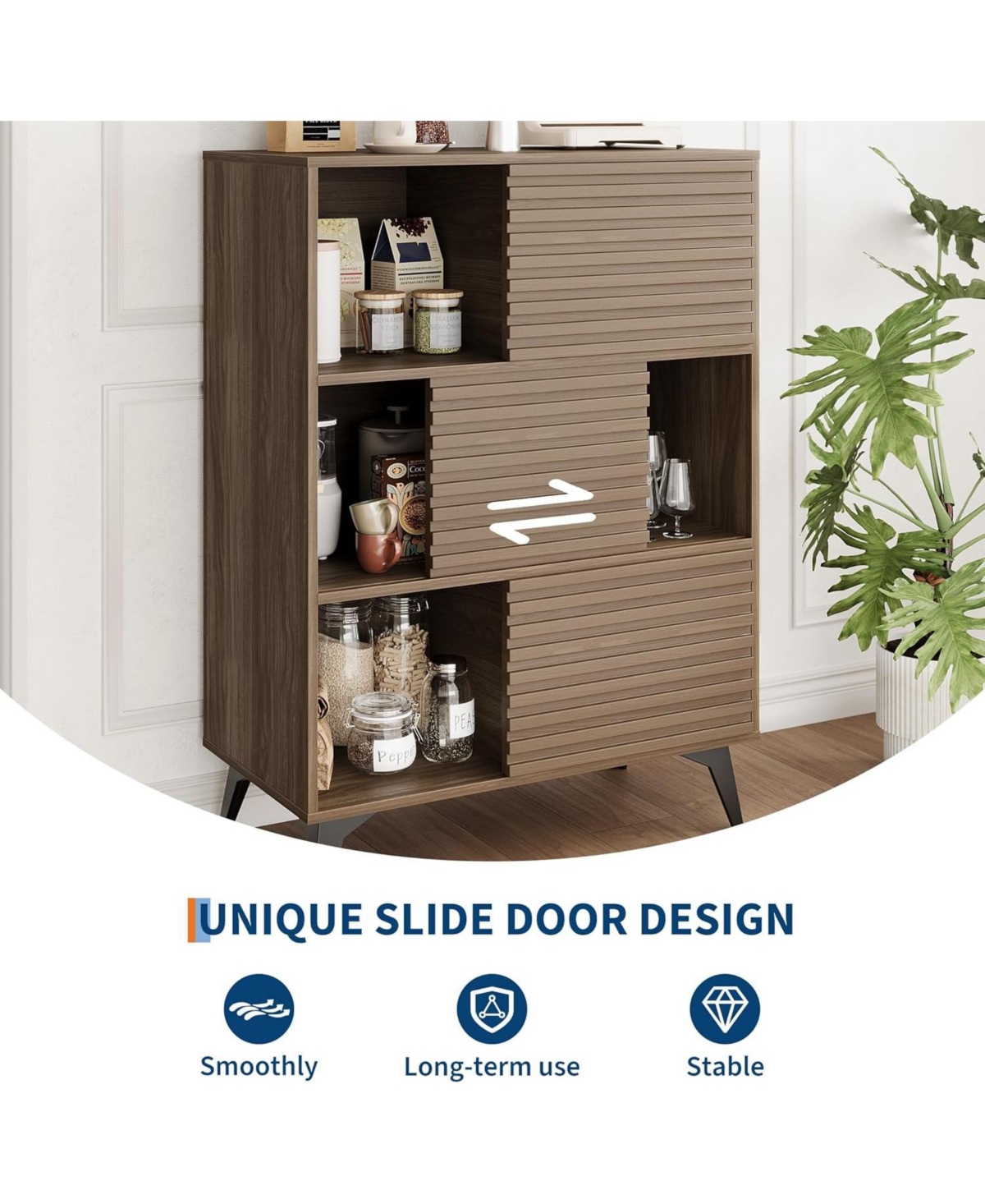 gaomon Modern 3-Tier Accent Cabinet with Doors, Wooden Buffet Sideboard Metal Legs, Storage Stand for Living Room, Dining or Hallway