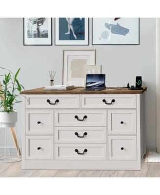 9 Farmhouse Dresser with Charging Station & Metal Handle, Wooden Tv Stand with Dressers, 9 Drawer Dressers for Bedroom Living Room Enterway