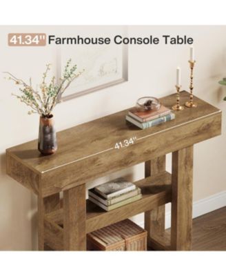 41.34-Inch Farmhouse Console Table, 2-Tier Narrow Sofa Table Behind The Couch,Light Brown