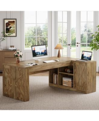 70.8" Executive Desk with File Cabinet, L-Shaped Office Desk with Storage Shelves