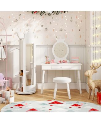 Kids Vanity Set Princess Makeup Dressing Table &Chair Set w/ Coat Rack