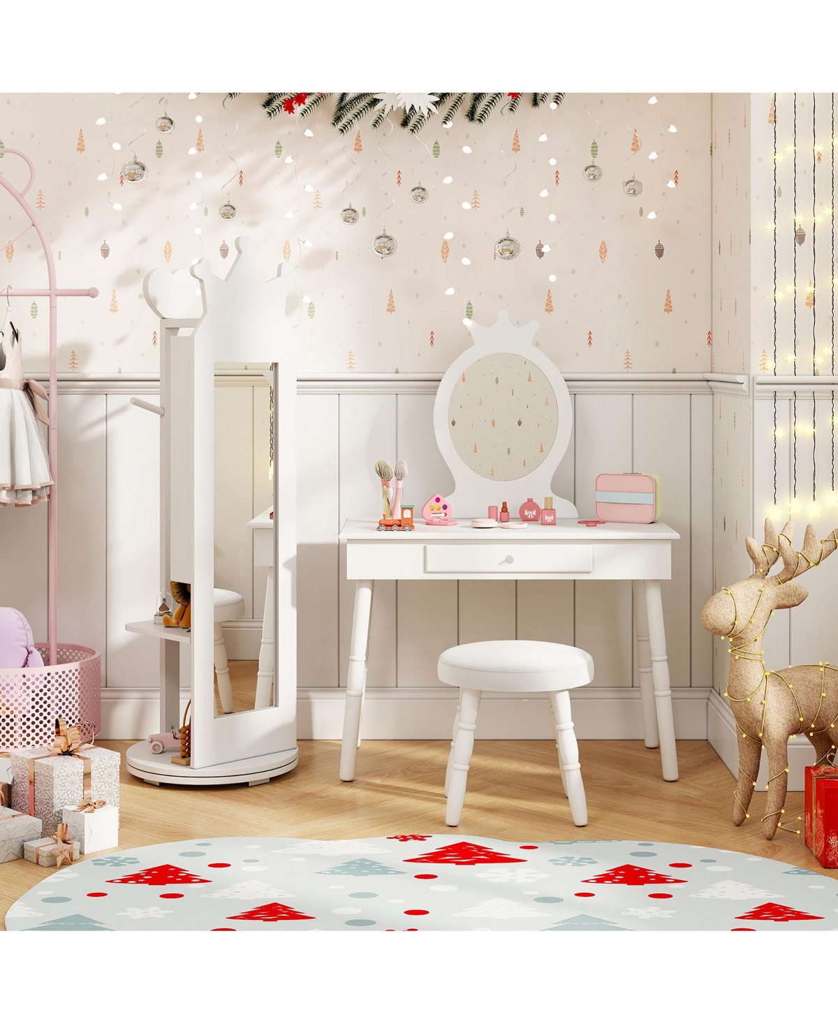 Gymax Kids Vanity Set Princess Makeup Dressing Table &Chair Set w/ Coat Rack