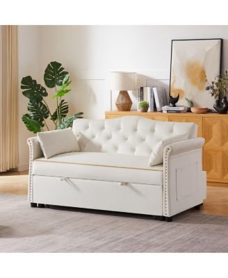 Velvet Pull Out Sofa Bed with Nailhead Arms, Sleeper Sofa with Tufted Back for Small Spaces, Guest Room, Living Room
